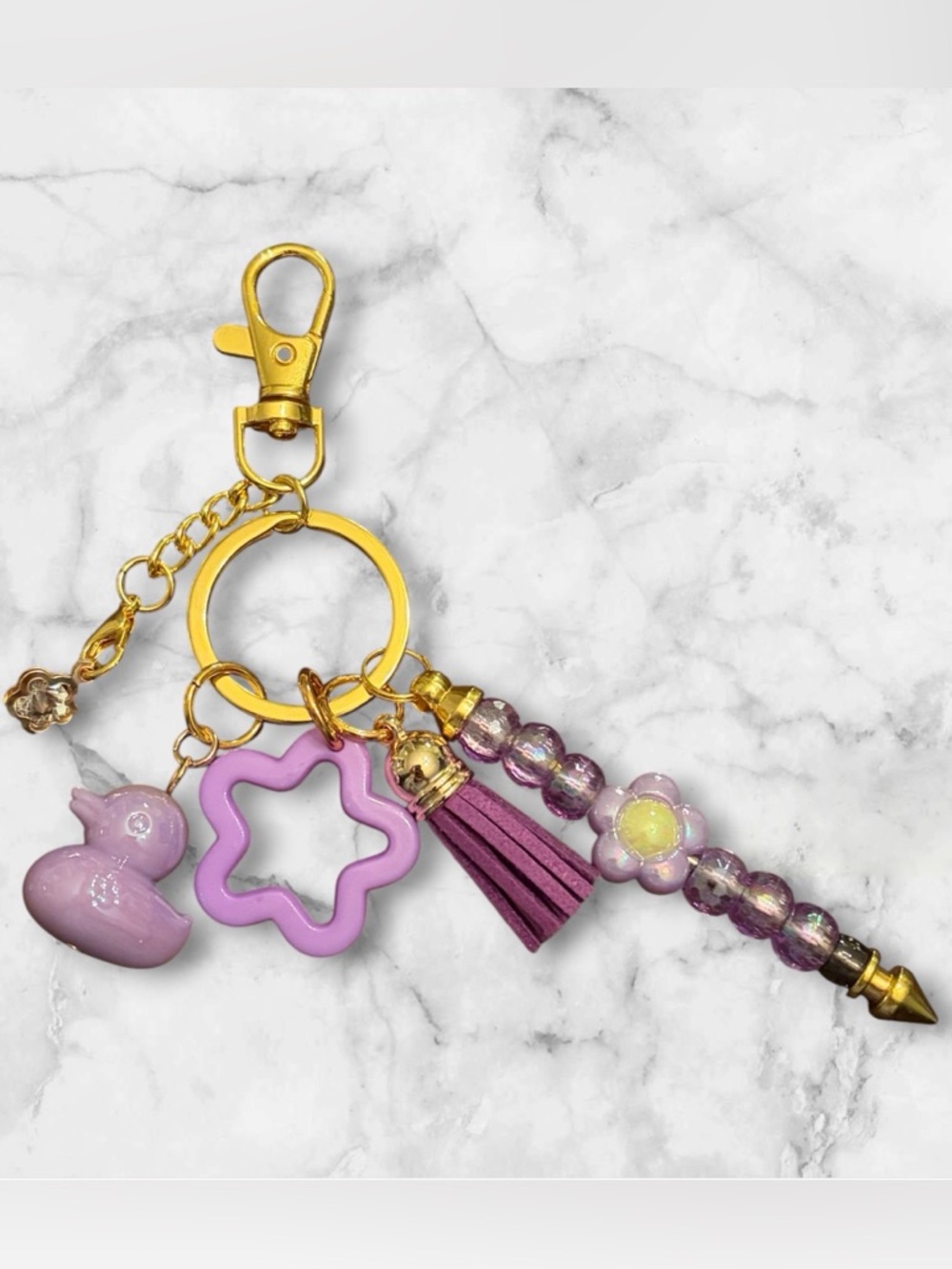 Lavender Daisy Bead & Duck Keychain with Gold Hardware